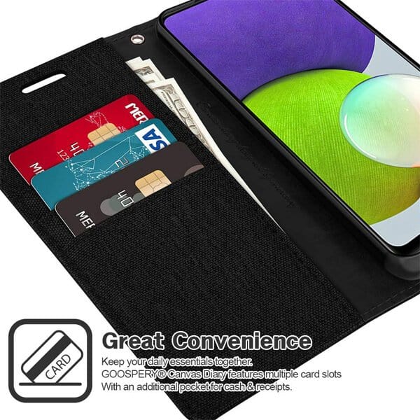 Goospery Canvas Samsung Galaxy A22 4G Wallet Leather Case Denim Stand Flip Fabric Pouch Credit Card Slots Cover - Black Goospery Canvas Samsung Galaxy A22 4G Wallet Leather Case Denim Stand Flip Fabric Pouch Credit Card Slots Cover - Black